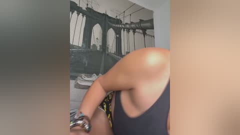 Media: Video of a person in a black tank top with a patterned skirt, facing away, in a room with a large wall mural of the Brooklyn Bridge.