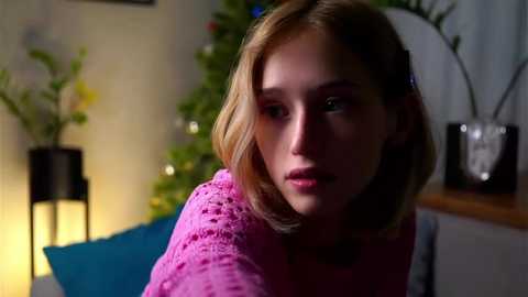 Media: Video of a young woman with light skin and shoulder-length blonde hair, wearing a pink knitted sweater, looking contemplative in a dimly-lit room with a Christmas tree and greenery in the background.