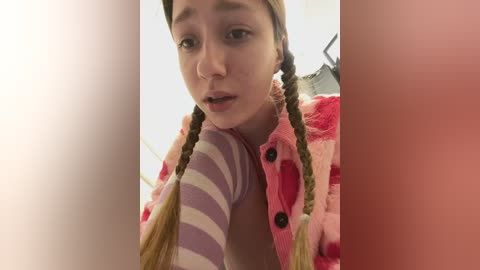 Media: Video of a young Caucasian girl with light skin, brown hair in braids, wearing a pink, fluffy robe, and a striped purple and white sock on her face, indoors.