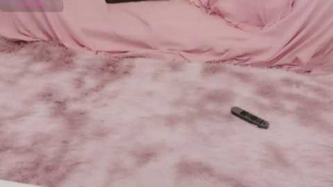 Video of a pink, fluffy blanket with a small, black remote control on it. The background shows soft, pastel-colored pillows.