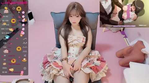 Media: A video of a young Asian woman with long brown hair, wearing a frilly, pastel-colored dress, sitting on a chair. Smartphone screen captures of a video show her engaging with a man.