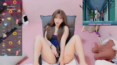 Media: Video collage featuring an East Asian woman with long brown hair, seated provocatively on a chair, smartphone in hand, surrounded by digital icons.