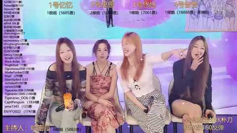 Media: Video of four smiling Asian women, dressed in casual, colorful outfits, sitting on stools in a studio with vibrant lighting and background text.