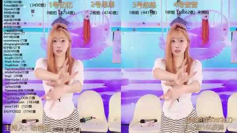 Media: Side-by-side screenshot of a young, fair-skinned, blonde-haired woman in a white blouse and black skirt, appearing nervous and holding her arms up defensively, in a brightly lit room with a colorful, abstract background.