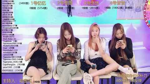 Media: Video of four Asian women in casual outfits, seated on chairs, all intensely focused on smartphones, against a colorful, abstract background with Chinese text.