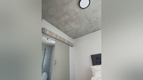 A minimalist, modern bedroom video featuring a concrete ceiling, a small round light fixture, a white bed with a black headboard, and a sliding closet door.