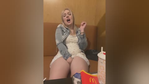 A video of a blonde woman in a denim jacket, white dress, and red panties, sitting at a fast food counter, holding a drink and eating a burger.