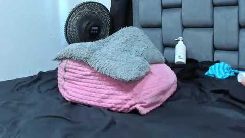 Video of a plush grey blanket and pink quilted blanket on a grey tufted headboard bed, with a black oscillating fan, white bottle, and teal clothing in the background.