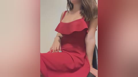 Media: Video of a woman with light skin and shoulder-length brown hair, wearing a red, off-shoulder dress, sitting against a plain, off-white wall. Her left hand rests on her thigh, and her right hand is visible.