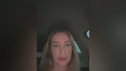 Media: Video of a young blonde woman with fair skin, looking forward from inside a car, wearing a neutral expression. The background is dark and indistinct, with the car's interior visible.