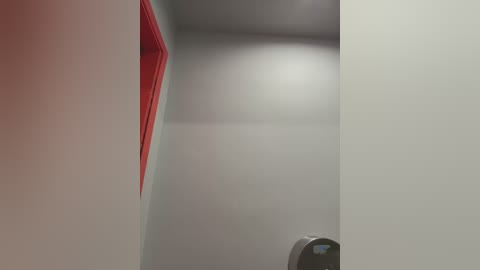 Media: A video of a clean, minimalist bathroom with a smooth, white wall and a red corner, a gray soap dispenser on the right, and soft, even lighting.