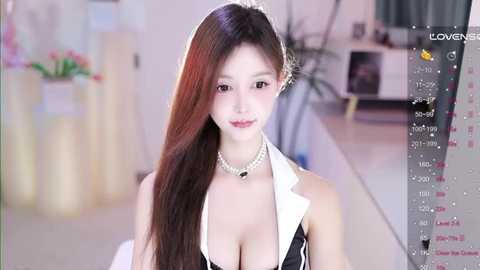 Media: A video of an East Asian woman with long, straight dark hair, fair skin, and a slender physique, wearing a revealing black and white maid outfit with a plunging neckline, standing indoors with a soft-focus background.