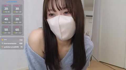 Media: Video of an Asian woman with long brown hair, wearing a white surgical mask, blue off-shoulder sweater, and gray leggings, indoors, with a weather app overlay showing 20\u00b0C and 40% humidity.