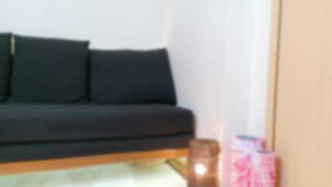 Media: A blurred video of a minimalist living room featuring a dark gray sofa with black cushions, a wooden floor, and two decorative, patterned boxes placed on the floor.