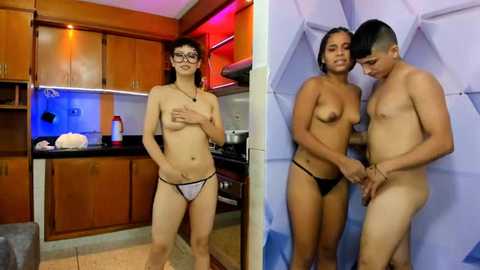 Video featuring two nude individuals: a slender, petite transgender woman with glasses, small breasts, and a medium build, and a muscular cisgender man with short hair. They are in a modern kitchen with wooden cabinets and a blue light background.