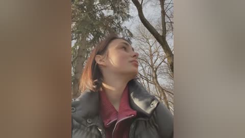 Media: Video of a young Asian woman with straight, shoulder-length brown hair, wearing a gray jacket and maroon shirt, standing outdoors in a forest with leafless trees, looking up with a serene expression.