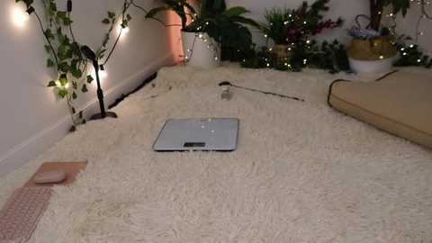 Video of a cozy, softly lit room with a white shag carpet, a silver scale in the center, and various potted plants and string lights adorning the walls.