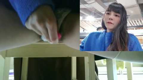 Media: Video collage: top left, close-up of a hand applying a cream on a light-skinned woman's inner thigh; top right, a light-skinned woman with long brown hair in a blue shirt; bottom, a white wooden structure with windows.