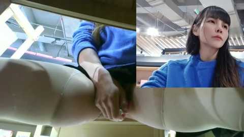 Media: Video collage: A person in a blue sweater adjusts a white, latex-like costume on a mannequin in a modern, industrial space; another woman in a blue sweater gazes upward.