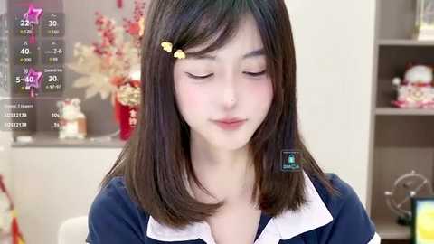 Media: Video of a young Asian woman with straight black hair and yellow hair clips, wearing a navy blue blouse with white collar, smiling softly, in a modern indoor setting with floral arrangements and shelves in the background.