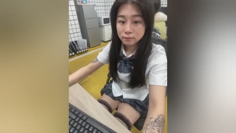 Media: A video of a young East Asian woman with long black hair, wearing a school uniform, sitting at a desk in a brightly-lit office, typing on a keyboard.