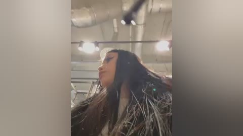 A video of a woman with long, wet hair being blow-dried in a salon, under bright overhead lights, with metallic ducts and vents visible.