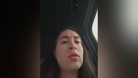 Video of a young woman with long, dark hair and light skin, lips parted slightly, looking forward in a car, with a blurred background.