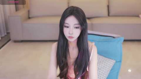 Video of a young Asian woman with long, straight black hair, wearing a sleeveless, pink and white floral dress, sitting on a light-colored floor in a modern, minimalist living room.