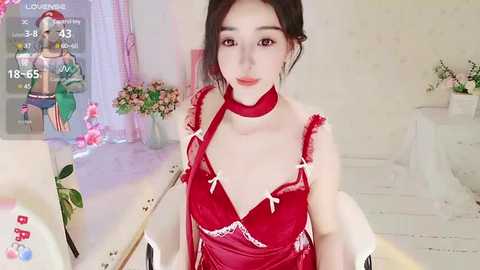 Video of an Asian woman with light skin and dark hair, wearing a red satin lingerie set with white bows, standing indoors with a virtual avatar in the background.