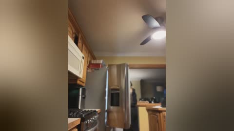 Media: Video of a modest kitchen with wooden cabinets, a microwave, stove, and open door leading to a darkened hallway. Ceiling fan and light fixture overhead.