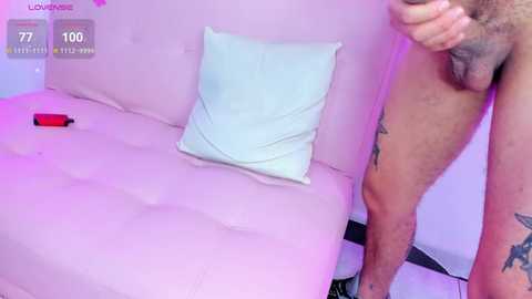 Media: A video shows a nude man with a muscular build, visible tattoos, and a trimmed pubic area, standing beside a pink upholstered couch with a white pillow. The room has a purple glow, and a red object is on the couch.