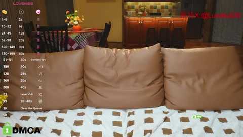 Media: Video of a cozy living room with three brown leather couch pillows on a patterned blanket. In the background, a modern kitchen with wooden cabinets and tiled backsplash is visible.