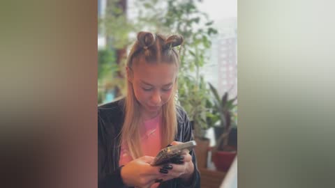 Video of a young woman with long, blonde hair styled in two small, bunned pigtails, wearing a pink top and a dark cardigan, engrossed in a smartphone, surrounded by green potted plants.