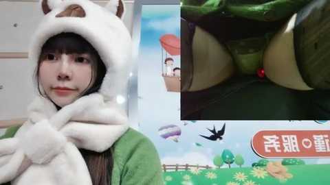 Media: A video of an Asian woman in a plush horse costume and green jacket, with a close-up of her exposed buttocks in a separate inset image. Background shows a cheerful, cartoonish sky.