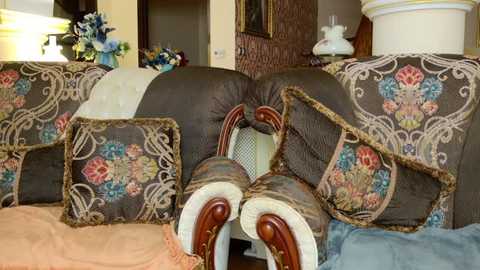 Video of a cozy living room with a brown, floral-patterned sofa and matching armchair, featuring intricate, vintage upholstery. The background includes a vase of flowers, a framed picture, and a decorative lamp.