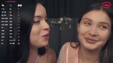 Media: Video of two young women with long dark hair, fair skin, and light makeup, smiling and leaning close. Background shows a dark room with floral decorations and a video call interface.