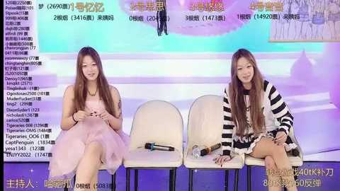 Media: Video of two smiling young Asian women, one in a pink tulle dress, the other in a black and white striped sweater, seated on white chairs in a studio with a blue and purple background.