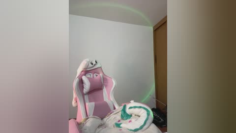 Media: Video of a pink gaming chair with a white pillow, a stuffed bunny, and a green glowstick in a small, dimly-lit room with beige walls and a wooden door.