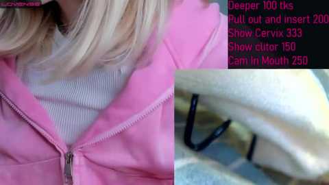 Media: A video juxtaposes a close-up of a woman's chest in a pink hoodie and white shirt, and a close-up of a metal hook piercing her nipple. Text on the right side details the depth, pain level, and show angle of the piercing.