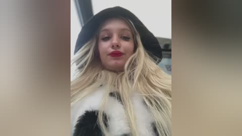 Media: Video of a blonde woman with long hair, wearing a black hat and black-and-white fur coat, red lipstick, and a neutral expression.