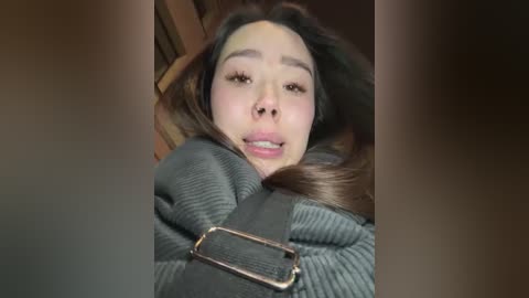 Media: Video of a young Asian woman with long brown hair, wearing a gray sweater, lying on a wooden floor, looking directly at the camera with a neutral expression.