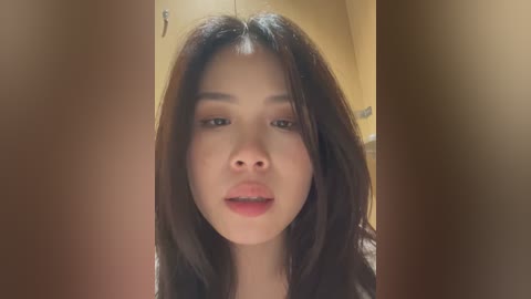 Media: Video of an East Asian woman with long, straight, dark hair, light skin, and full lips, wearing subtle makeup. She is in a room with beige walls and a blurred background.