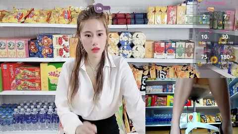 Media: Video of a young Caucasian woman with long brown hair in a grocery store aisle, wearing a white blouse, black skirt, and large hoop earrings. Shelves are stocked with colorful snacks and beverages.