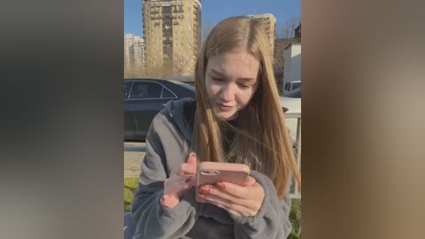 Media: Video of a young, fair-skinned, long-haired girl with a smartphone, wearing a grey hoodie, outdoors on a sunny day, with a high-rise building and cars in the background.