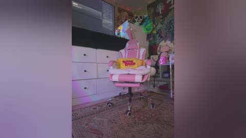 Media: Video of a pink gaming chair with a yellow pillow, in a room with white drawers, a colorful wall mural, and a TV, under a purple light.