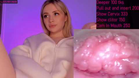 Media: A video shows a blonde woman with a white hoodie and a close-up of pink, gelatinous vaginal tissue, with a digital screen displaying fetish content statistics.