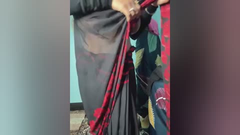 Media: A close-up video shows a person with light skin, wearing a black sari with red floral patterns and a colorful, patterned blouse. The background features a light blue wall and a patterned rug.