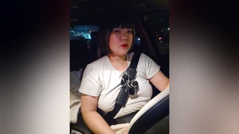 Media: A video of a middle-aged Asian woman with short black hair, wearing a white t-shirt and a black seatbelt, seated in a dimly lit car, with blurred city lights in the background.