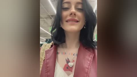 Media: A video of a smiling woman with long black hair, wearing a red leather jacket and a colorful necklace, in a brightly lit, industrial setting.