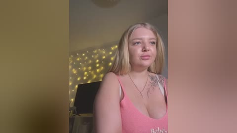 Media: Video of a fair-skinned, blonde woman with a tattoo on her left shoulder, wearing a low-cut pink tank top, standing indoors with a yellow wall and fairy lights background.